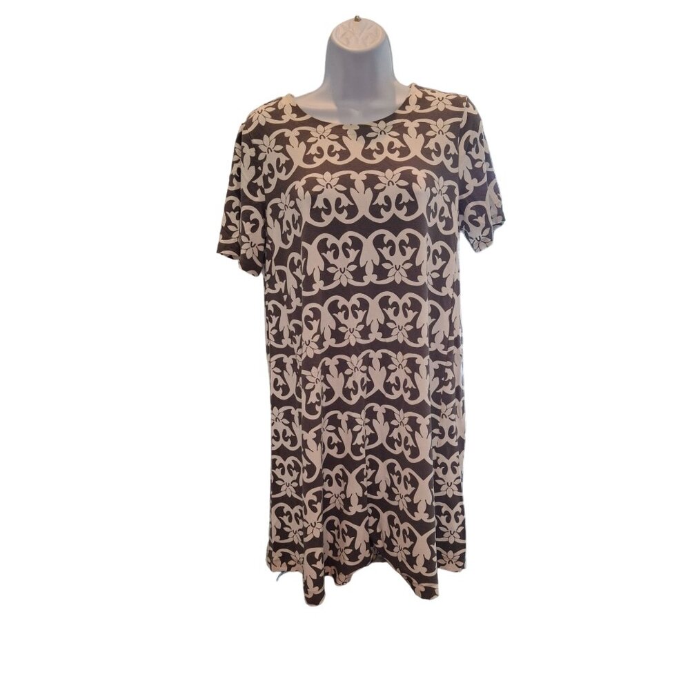LOFT Women Shift Mini Dress M Gray White  Paisley Floral  Short Sleeve Lagenlook